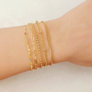 18K Gold-Filled Layering Bracelet Set: Delicate Mixed Chains, 5pc